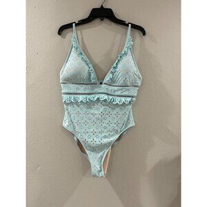 J.Crew Swimsuit Scallop Ruffle Eyelet One Piece plunging size 14 color Teal
